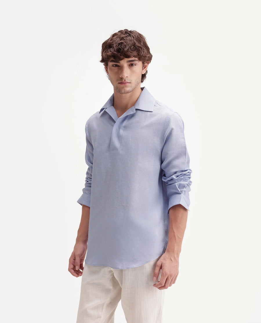 Rare Rabbit Men's Aerik Light Purple Linen Blend Fabric Full Sleeve Cuban Collar Button Regular Plain Shirt