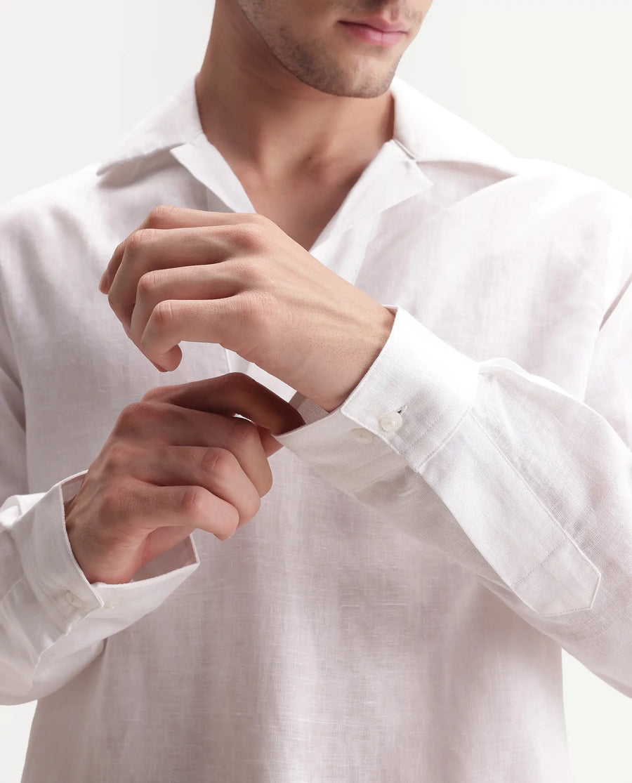 Rare Rabbit Men's Aerik White Linen Blend Fabric Full Sleeve Cuban Collar Button Regular Plain Shirt