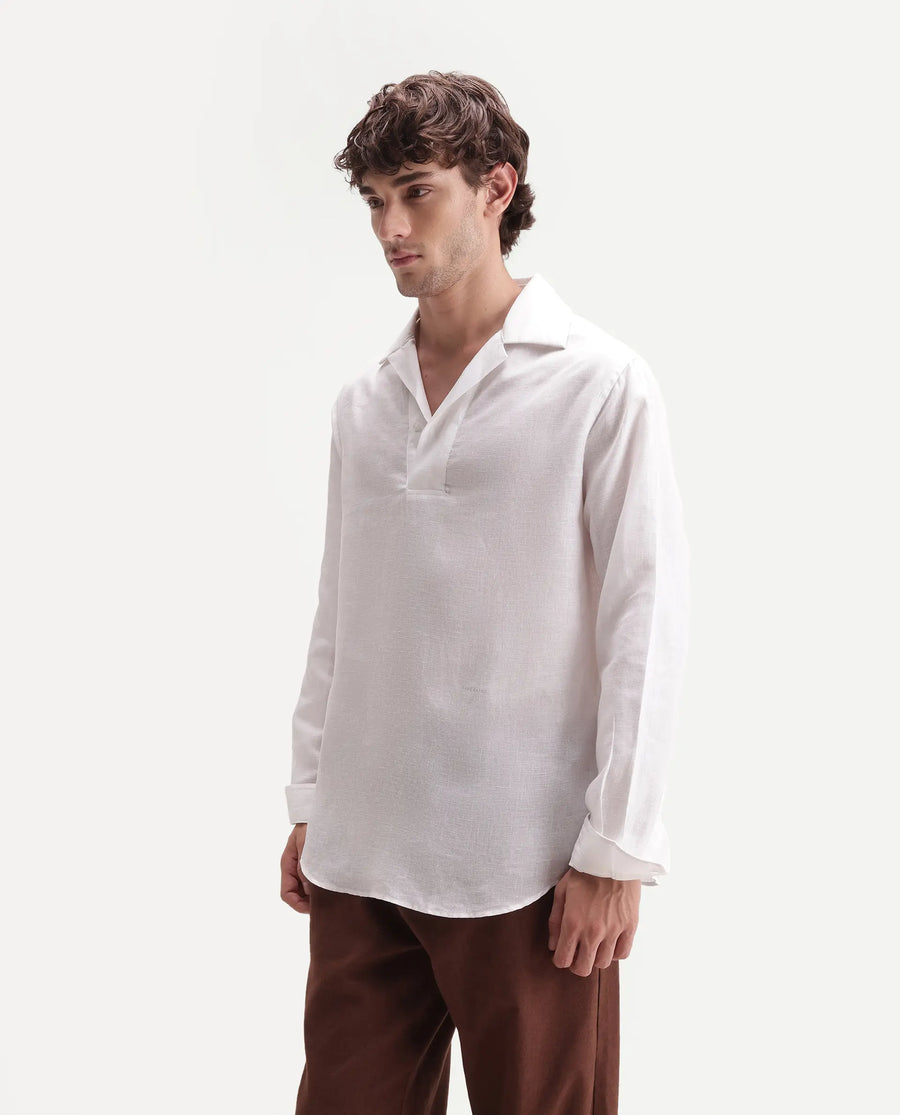 Rare Rabbit Men's Aerik White Linen Blend Fabric Full Sleeve Cuban Collar Button Regular Plain Shirt
