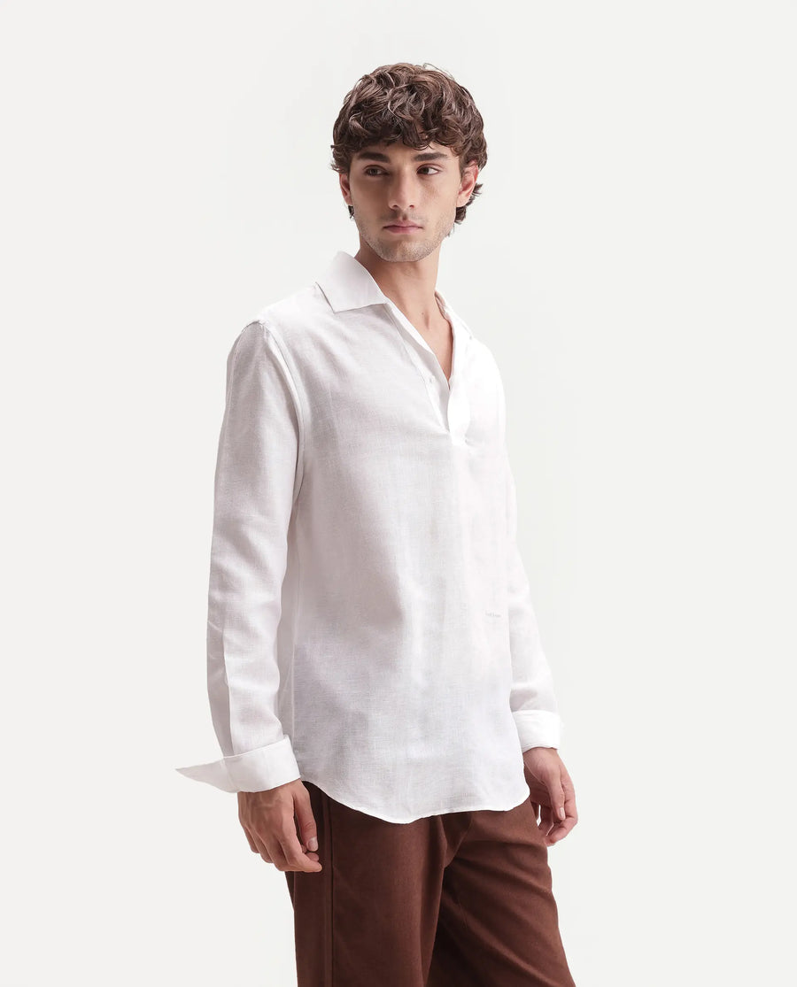 Rare Rabbit Men's Aerik White Linen Blend Fabric Full Sleeve Cuban Collar Button Regular Plain Shirt