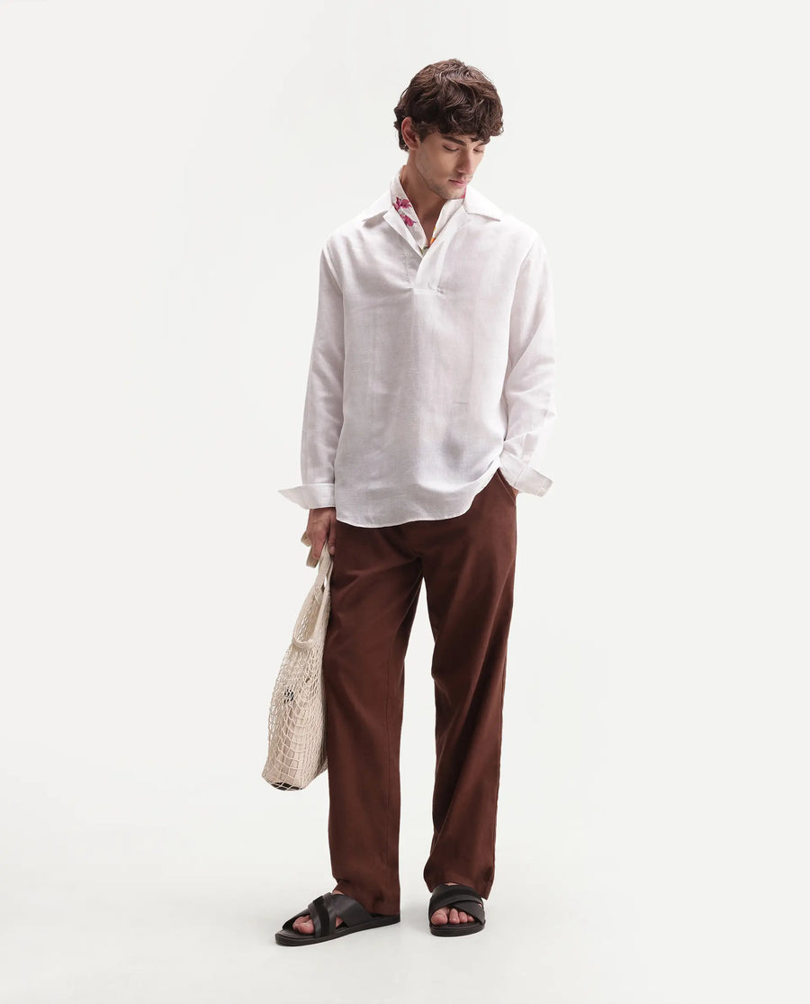 Rare Rabbit Men's Aerik White Linen Blend Fabric Full Sleeve Cuban Collar Button Regular Plain Shirt