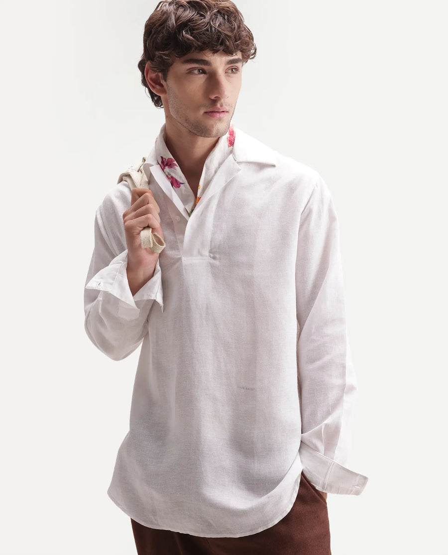 Rare Rabbit Men's Aerik White Linen Blend Fabric Full Sleeve Cuban Collar Button Regular Plain Shirt