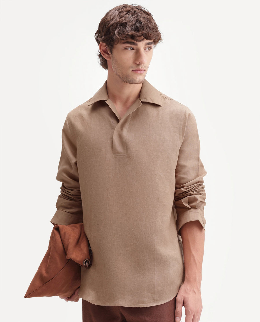 Rare Rabbit Men's Aerik Light Brown Linen Blend Fabric Full Sleeve Cuban Collar Button Regular Plain Shirt
