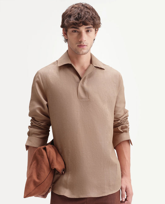 Rare Rabbit Men's Aerik Light Brown Linen Blend Fabric Full Sleeve Cuban Collar Button Regular Plain Shirt