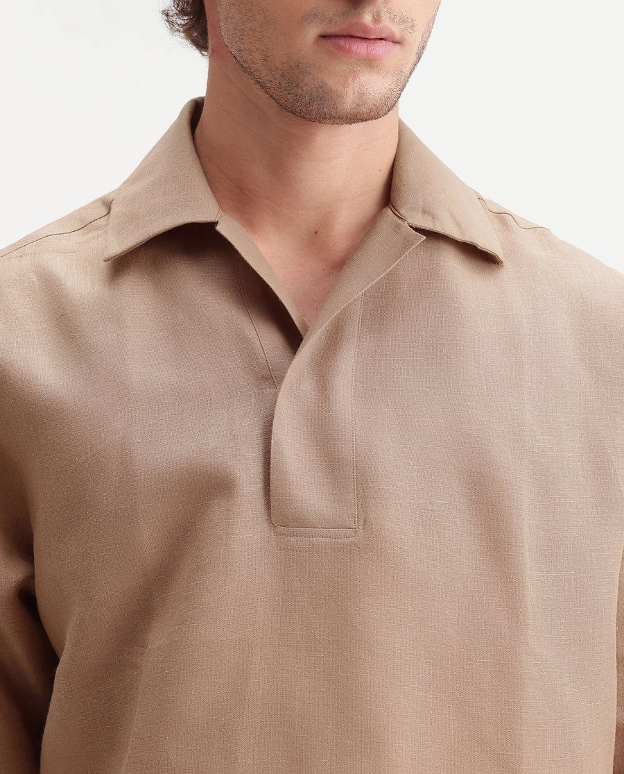 Rare Rabbit Men's Aerik Light Brown Linen Blend Fabric Full Sleeve Cuban Collar Button Regular Plain Shirt