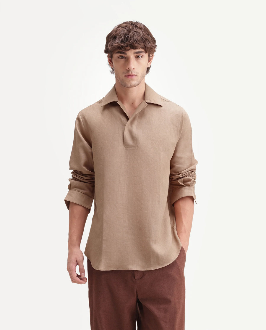 Rare Rabbit Men's Aerik Light Brown Linen Blend Fabric Full Sleeve Cuban Collar Button Regular Plain Shirt