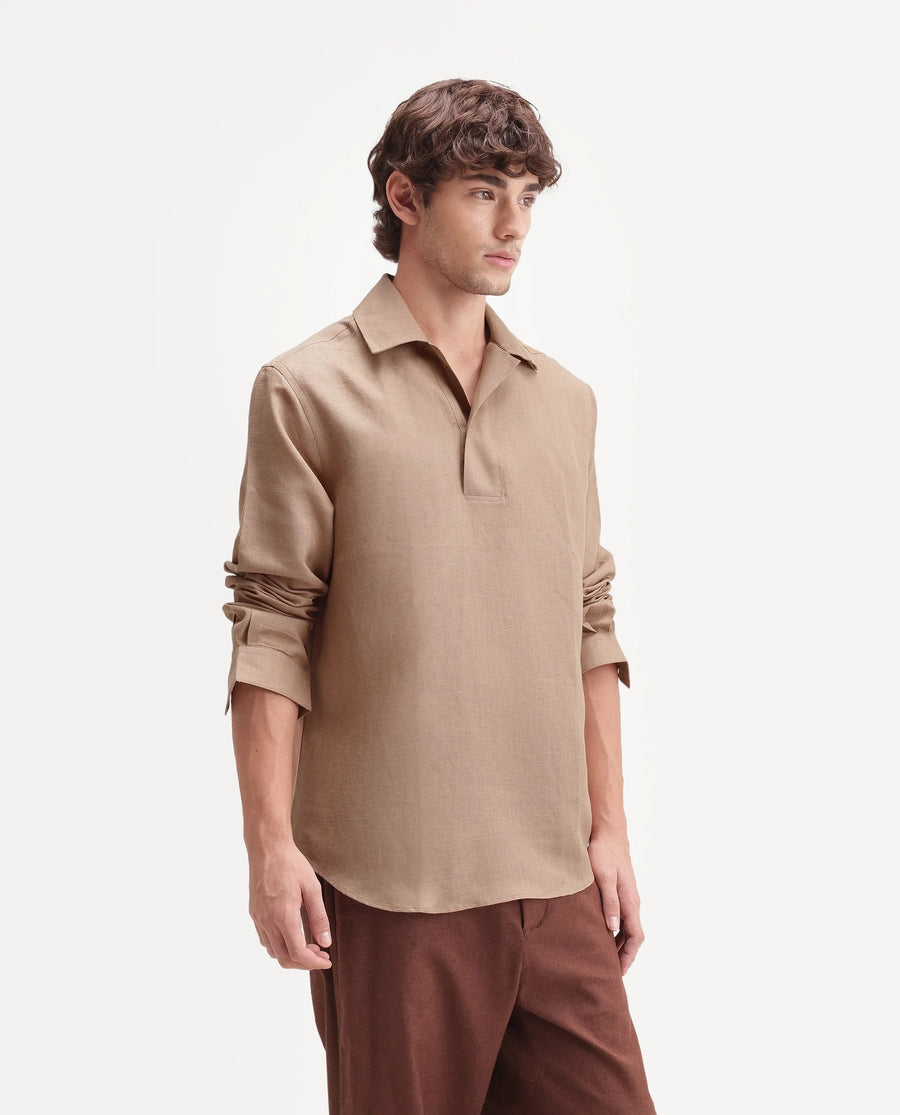 Rare Rabbit Men's Aerik Light Brown Linen Blend Fabric Full Sleeve Cuban Collar Button Regular Plain Shirt