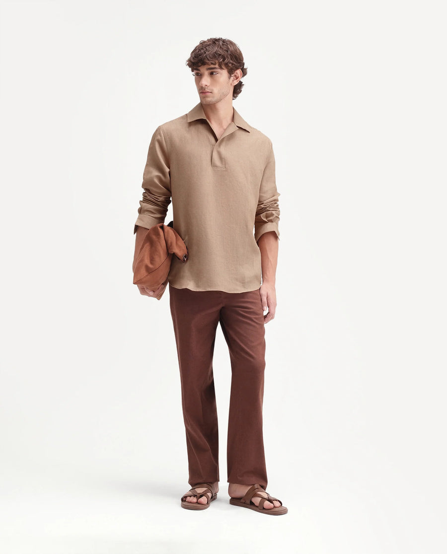 Rare Rabbit Men's Aerik Light Brown Linen Blend Fabric Full Sleeve Cuban Collar Button Regular Plain Shirt