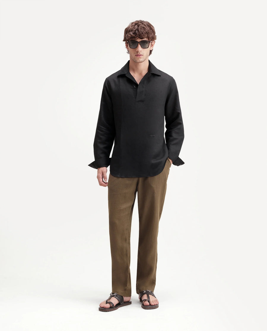 Rare Rabbit Men's Aerik Black Linen Blend Fabric Full Sleeve Cuban Collar Button Regular Plain Shirt