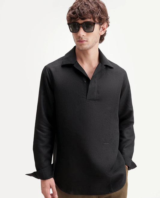 Rare Rabbit Men's Aerik Black Linen Blend Fabric Full Sleeve Cuban Collar Button Regular Plain Shirt