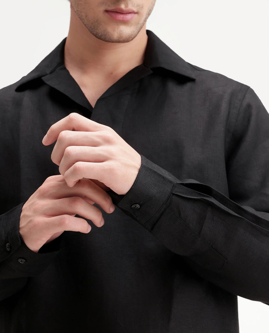 Rare Rabbit Men's Aerik Black Linen Blend Fabric Full Sleeve Cuban Collar Button Regular Plain Shirt