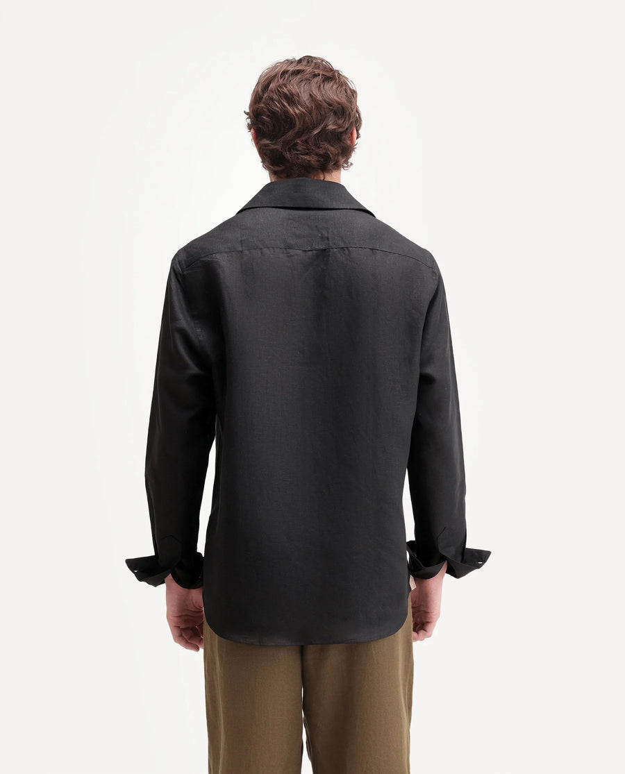 Rare Rabbit Men's Aerik Black Linen Blend Fabric Full Sleeve Cuban Collar Button Regular Plain Shirt