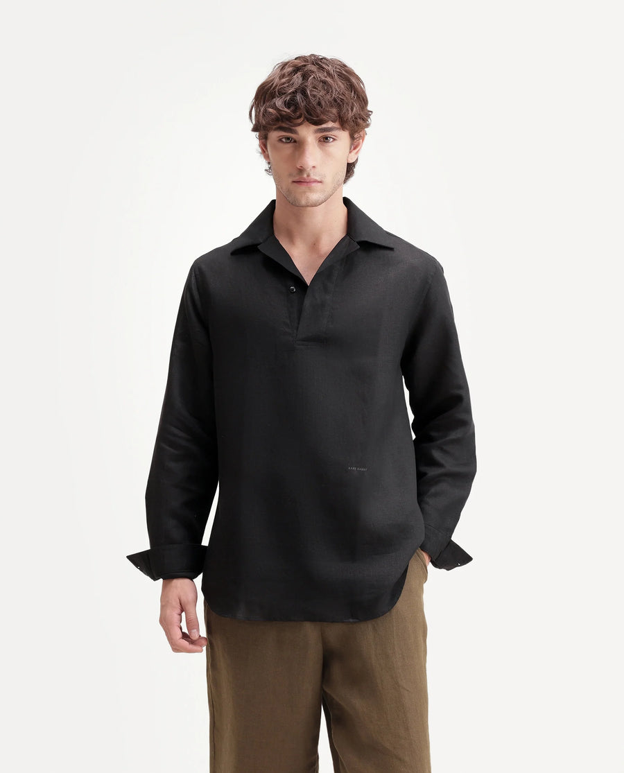 Rare Rabbit Men's Aerik Black Linen Blend Fabric Full Sleeve Cuban Collar Button Regular Plain Shirt