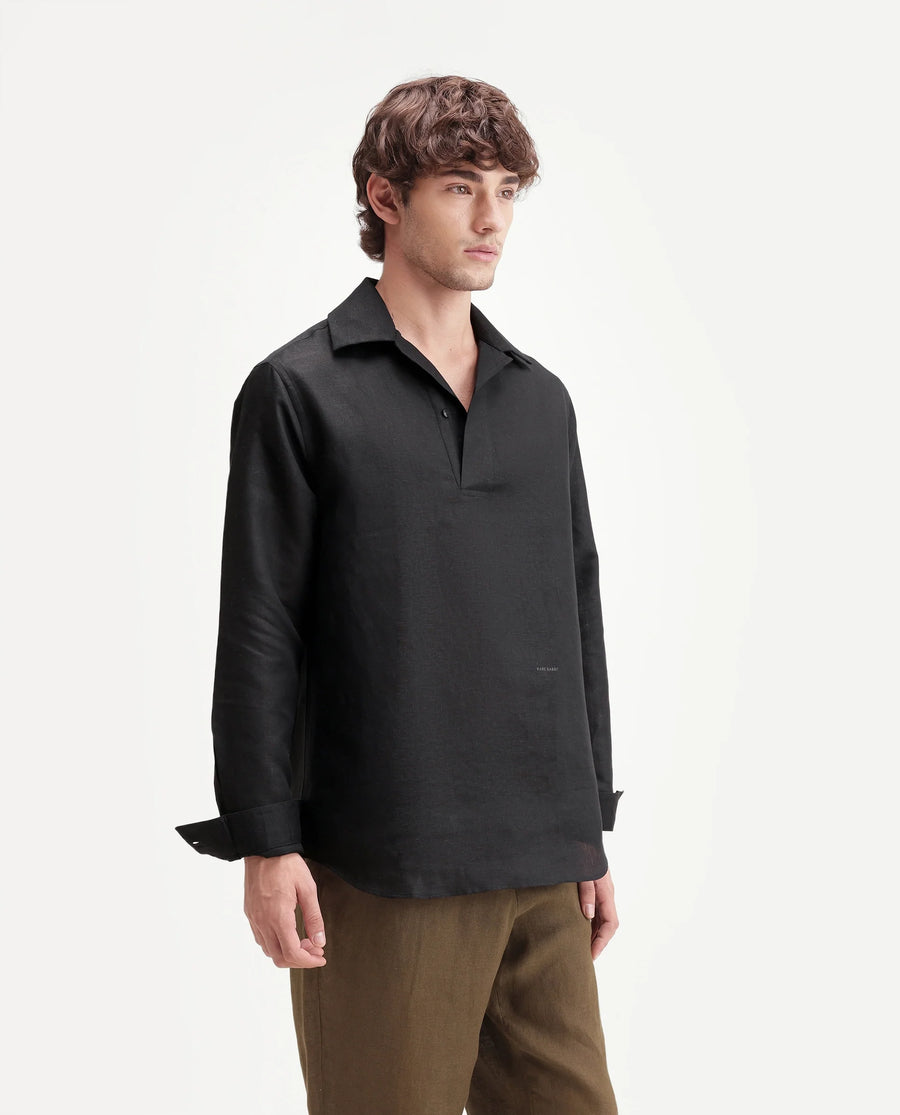 Rare Rabbit Men's Aerik Black Linen Blend Fabric Full Sleeve Cuban Collar Button Regular Plain Shirt