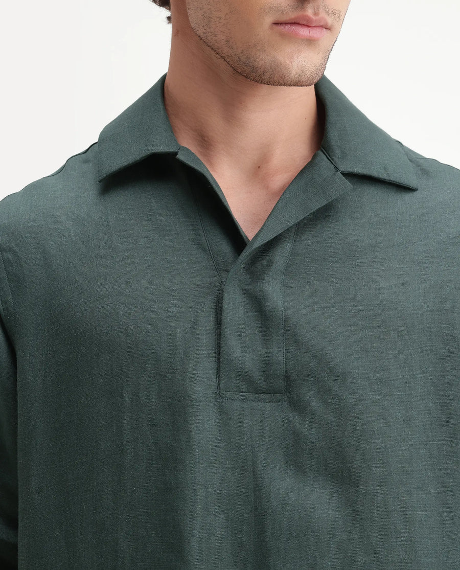 Rare Rabbit Men's Aerik Teal Linen Blend Fabric Full Sleeve Spread Collar Button Regular Plain Shirt