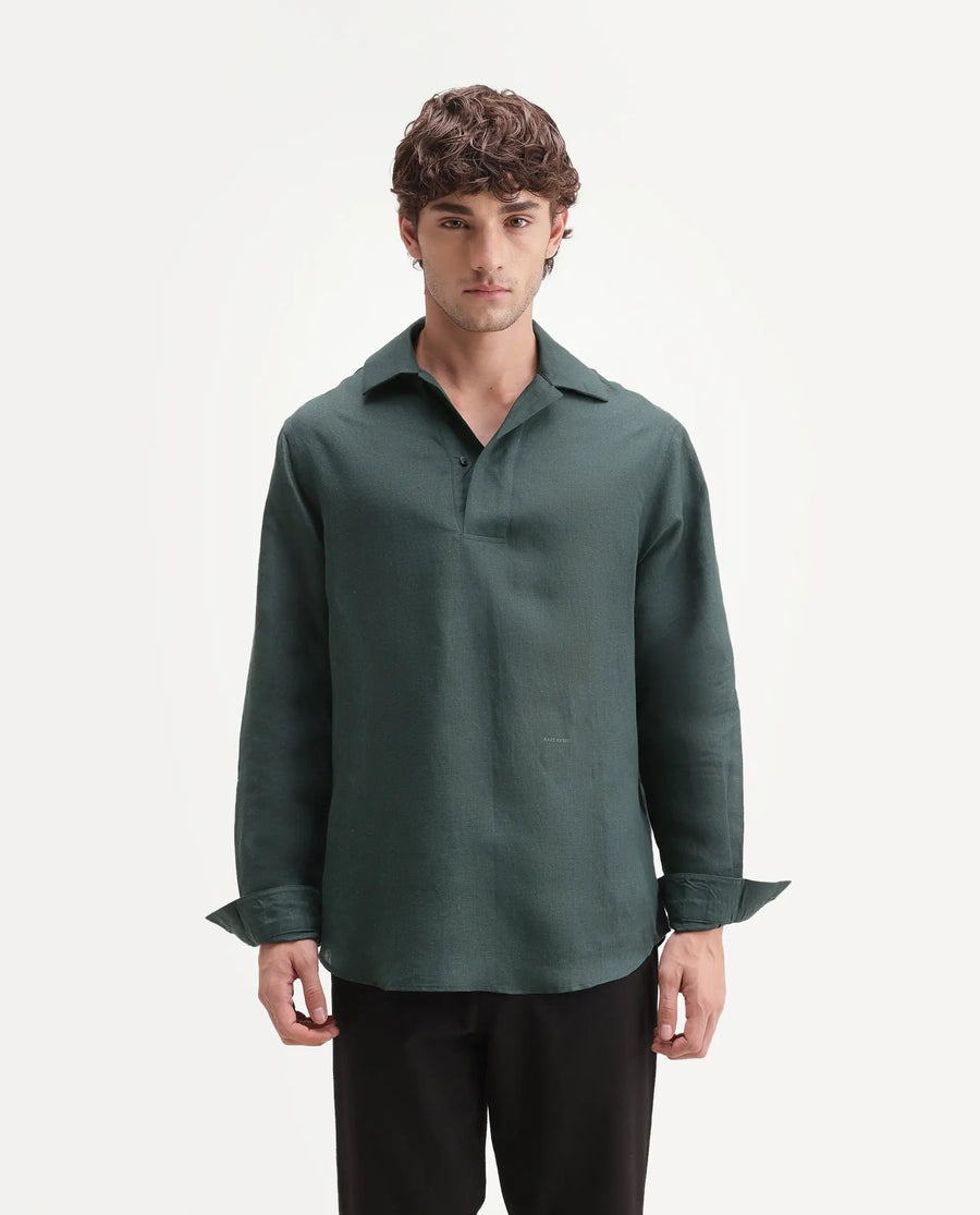 Rare Rabbit Men's Aerik Teal Linen Blend Fabric Full Sleeve Spread Collar Button Regular Plain Shirt