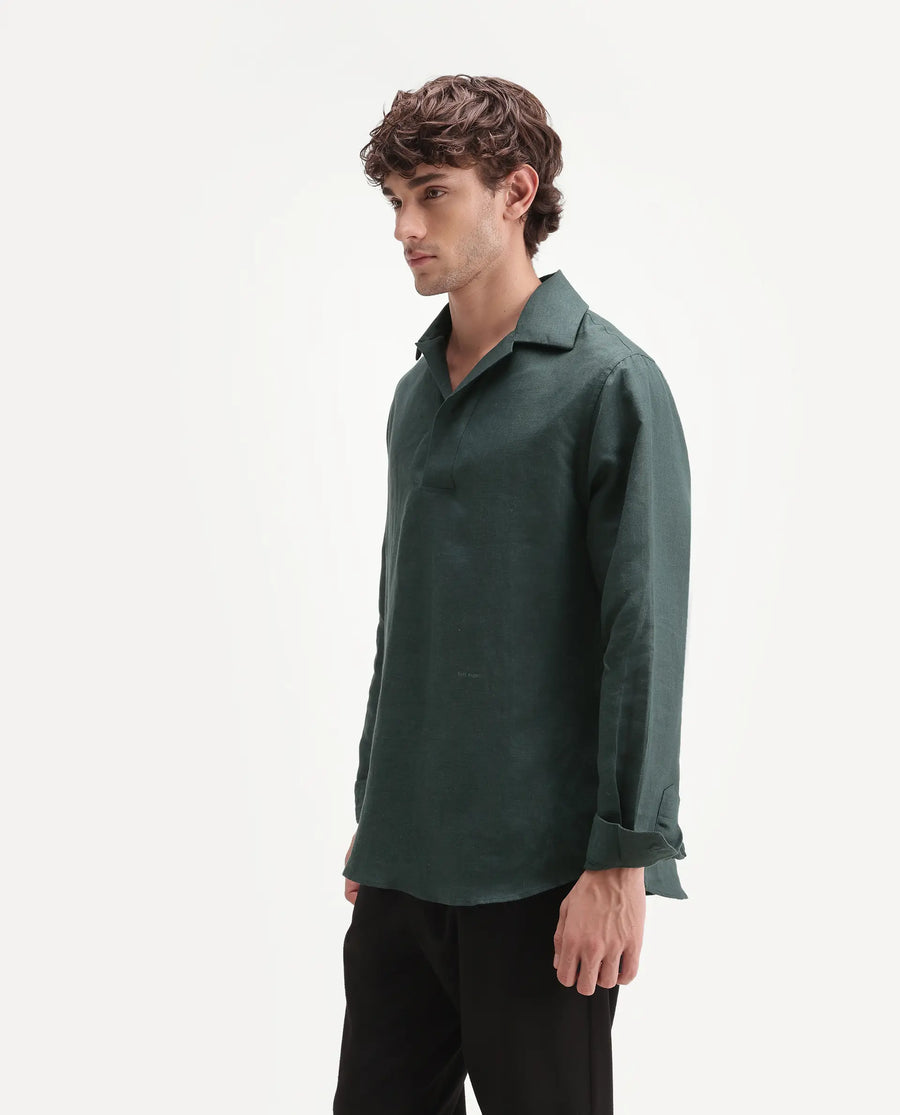 Rare Rabbit Men's Aerik Teal Linen Blend Fabric Full Sleeve Spread Collar Button Regular Plain Shirt