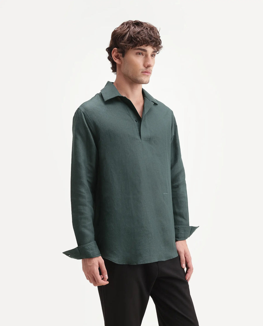 Rare Rabbit Men's Aerik Teal Linen Blend Fabric Full Sleeve Spread Collar Button Regular Plain Shirt