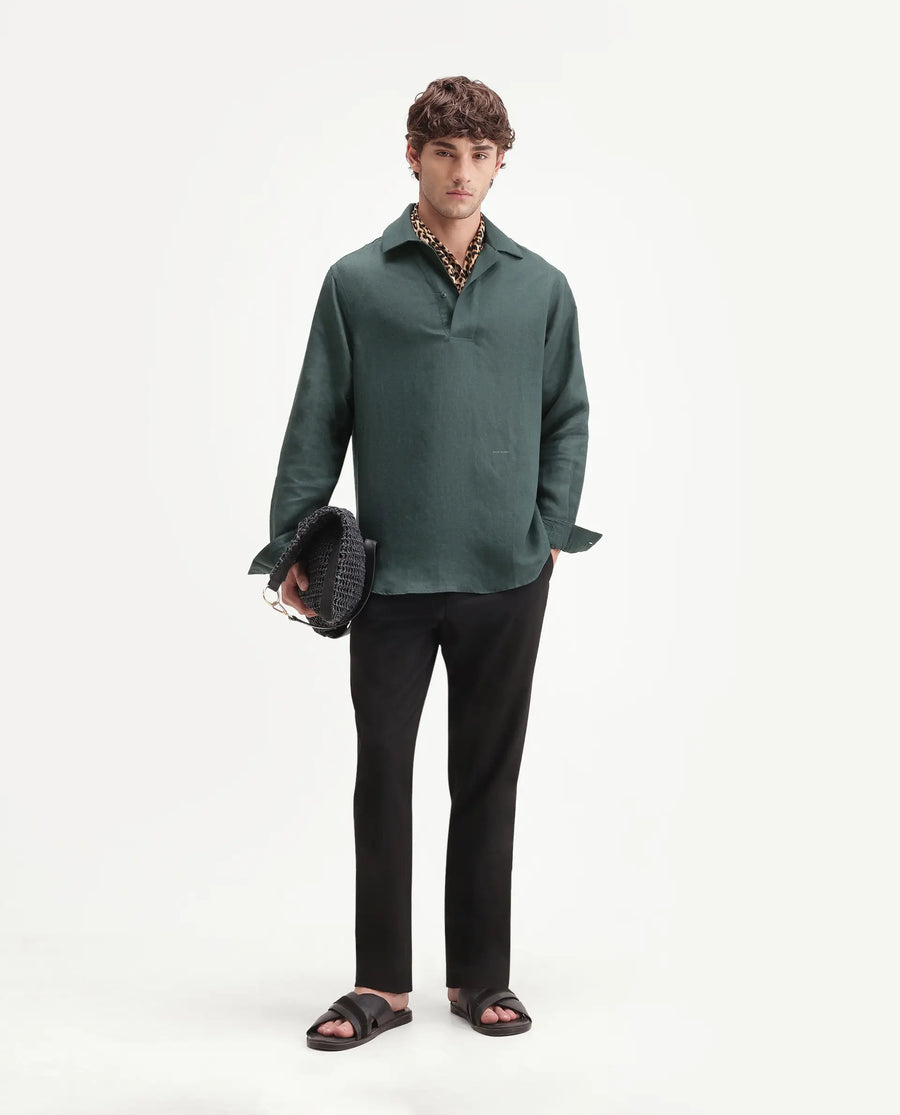 Rare Rabbit Men's Aerik Teal Linen Blend Fabric Full Sleeve Spread Collar Button Regular Plain Shirt
