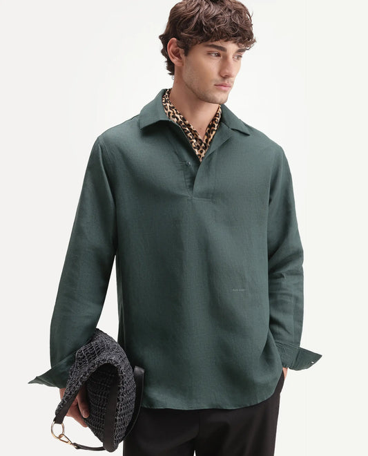 Rare Rabbit Men's Aerik Teal Linen Blend Fabric Full Sleeve Spread Collar Button Regular Plain Shirt