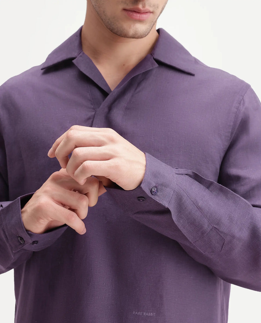 Rare Rabbit Men's Aerik Dark Purple Linen Blend Fabric Full Sleeve Spread Collar Button Regular Plain Shirt