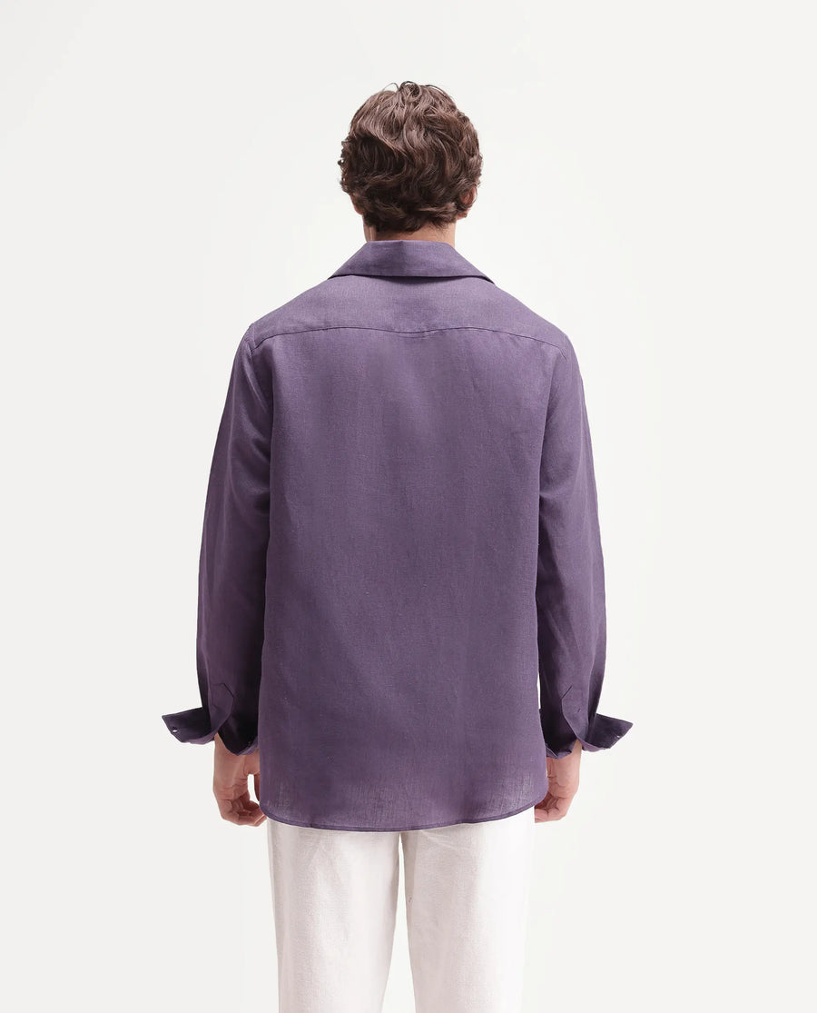 Rare Rabbit Men's Aerik Dark Purple Linen Blend Fabric Full Sleeve Spread Collar Button Regular Plain Shirt