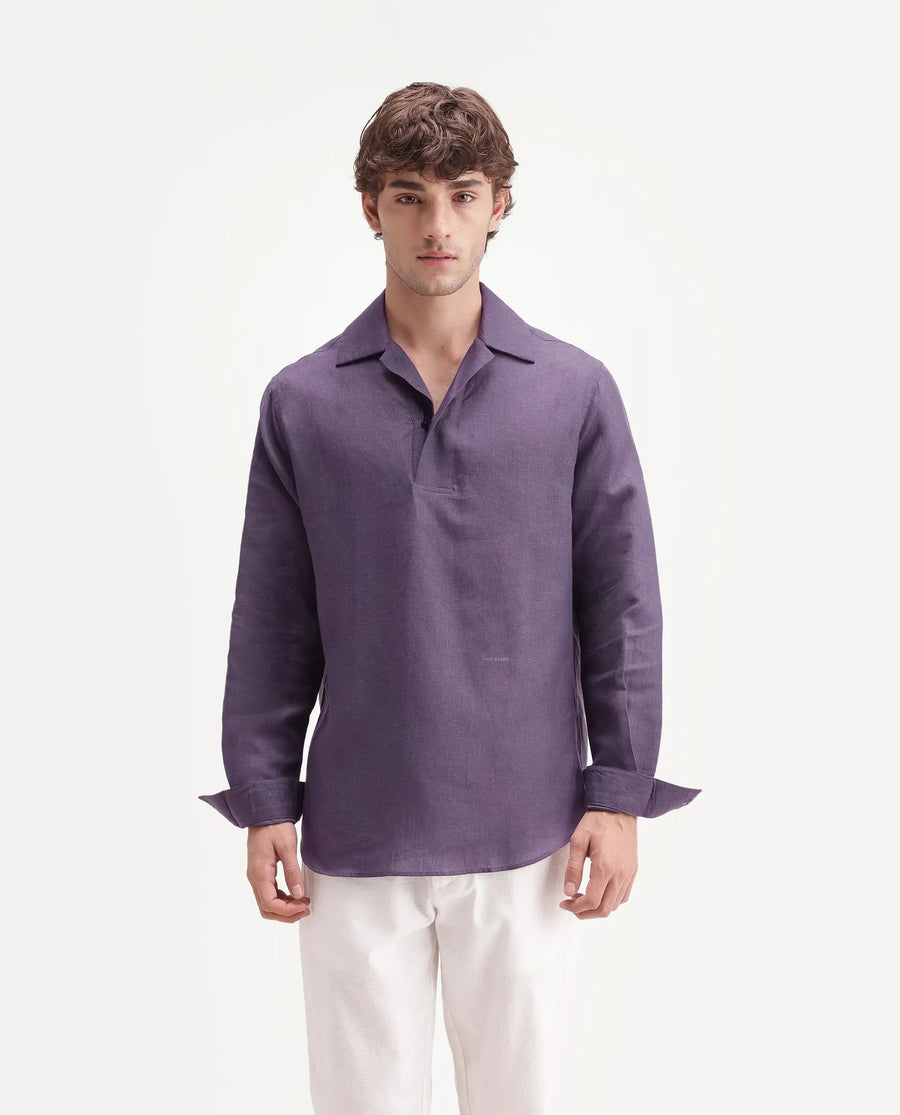 Rare Rabbit Men's Aerik Dark Purple Linen Blend Fabric Full Sleeve Spread Collar Button Regular Plain Shirt