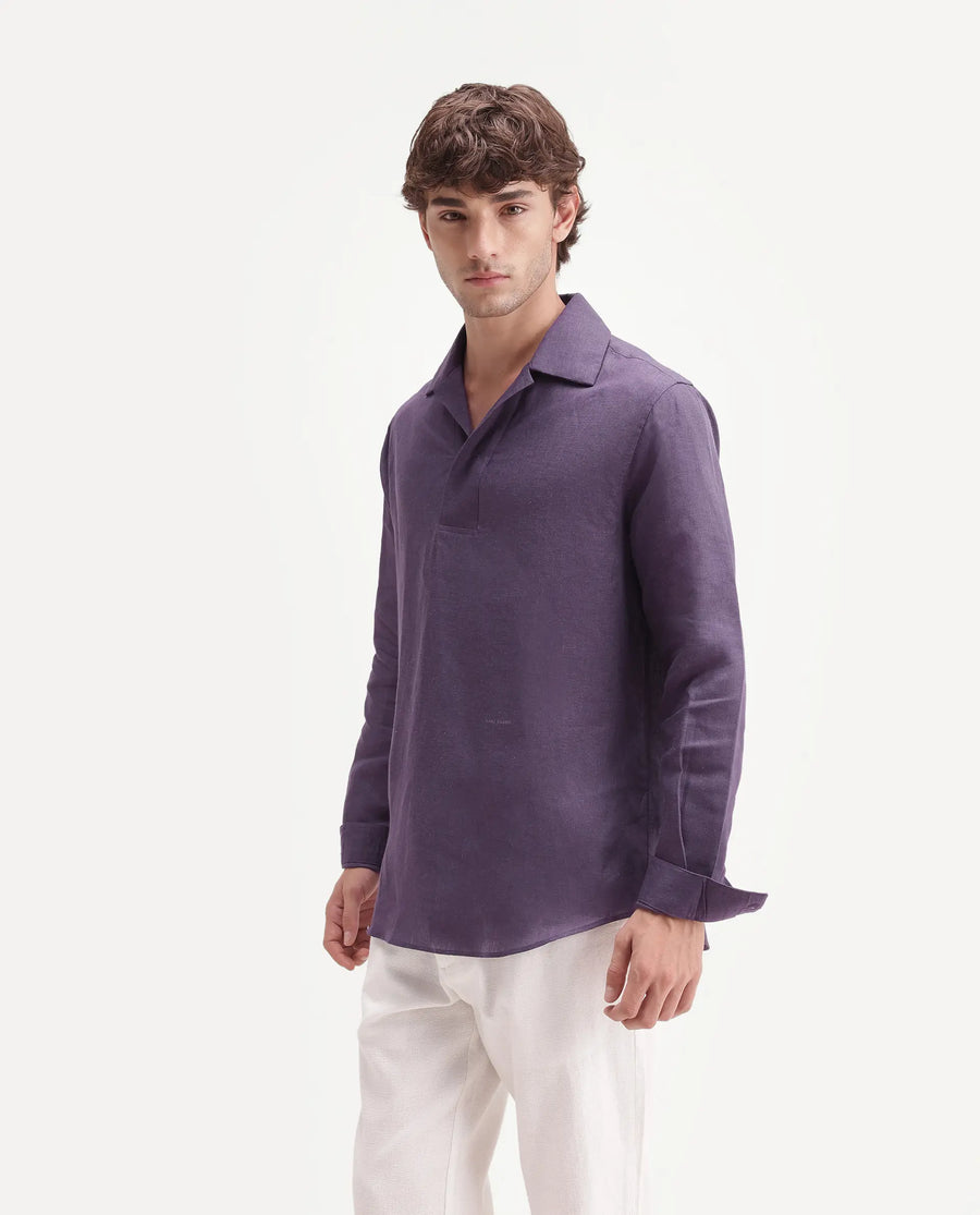 Rare Rabbit Men's Aerik Dark Purple Linen Blend Fabric Full Sleeve Spread Collar Button Regular Plain Shirt