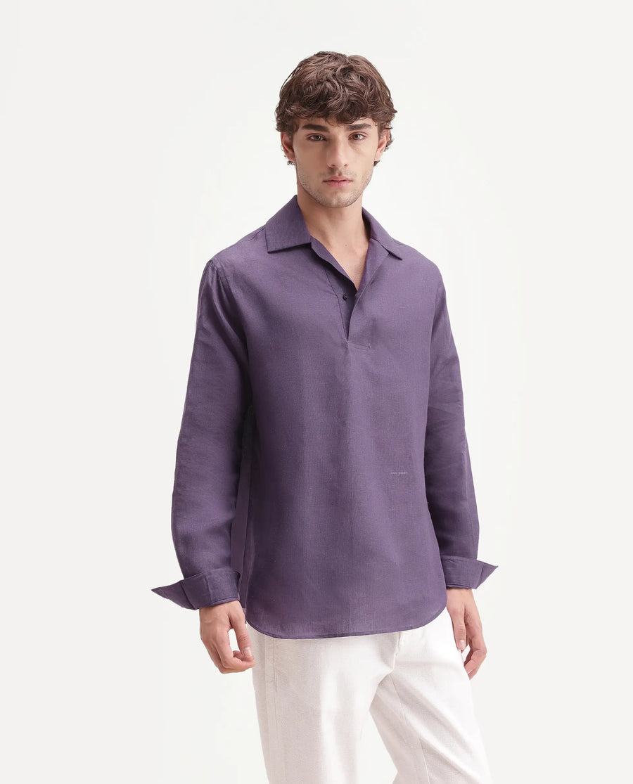 Rare Rabbit Men's Aerik Dark Purple Linen Blend Fabric Full Sleeve Spread Collar Button Regular Plain Shirt