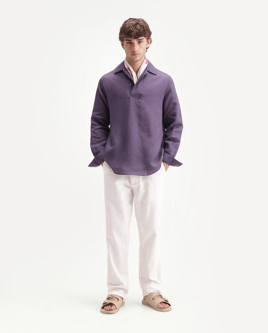 Rare Rabbit Men's Aerik Dark Purple Linen Blend Fabric Full Sleeve Spread Collar Button Regular Plain Shirt