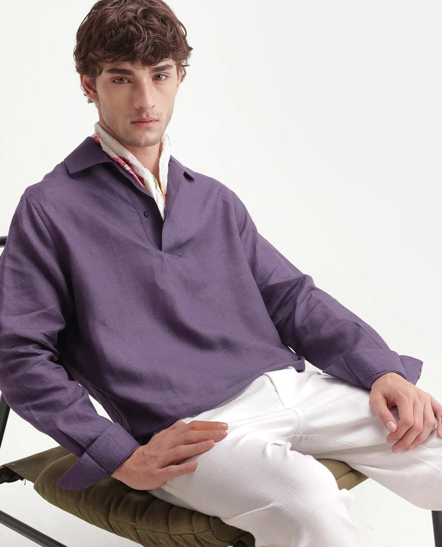 Rare Rabbit Men's Aerik Dark Purple Linen Blend Fabric Full Sleeve Spread Collar Button Regular Plain Shirt