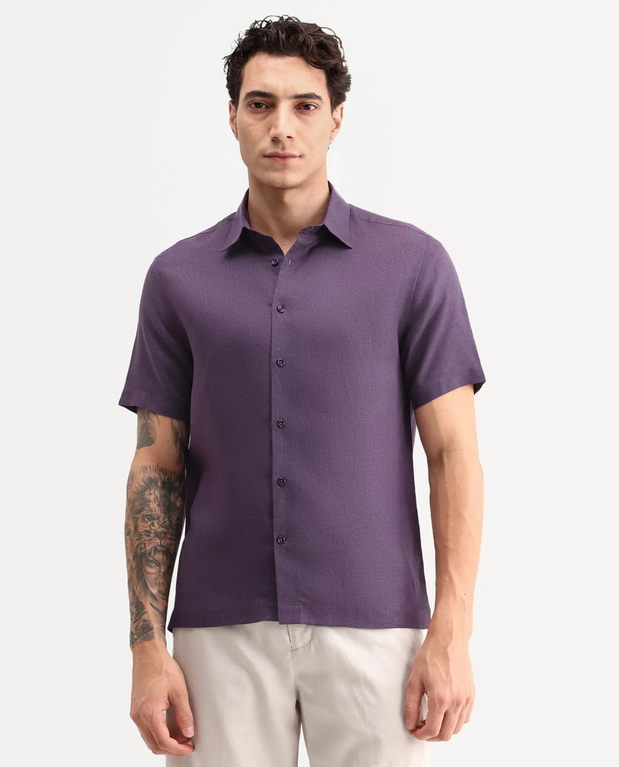 Rare Rabbit Men's Aerik Ss Dark Purple Linen Blend Fabric Half Sleeve Spread Collar Button Regular Plain Shirt