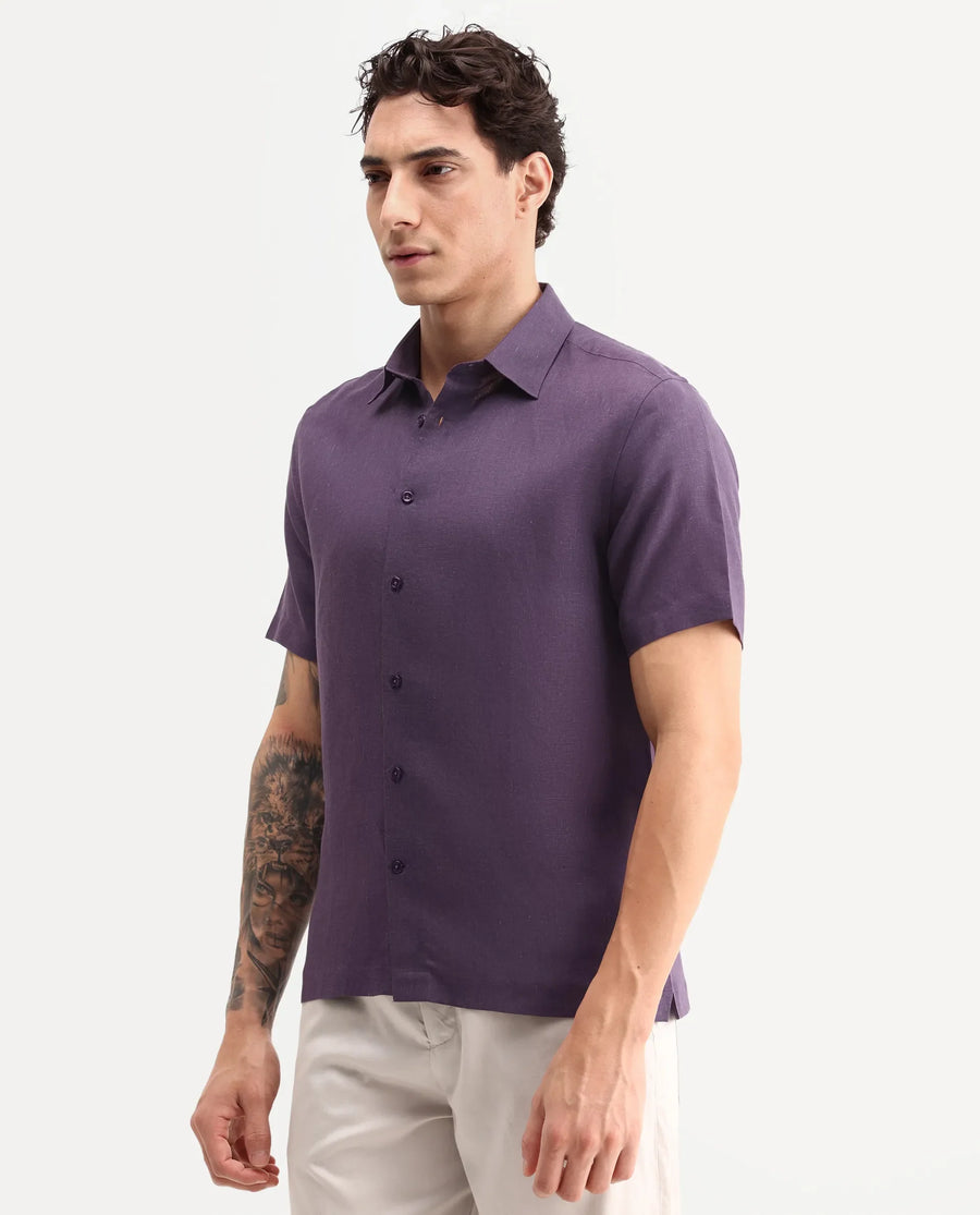 Rare Rabbit Men's Aerik Ss Dark Purple Linen Blend Fabric Half Sleeve Spread Collar Button Regular Plain Shirt