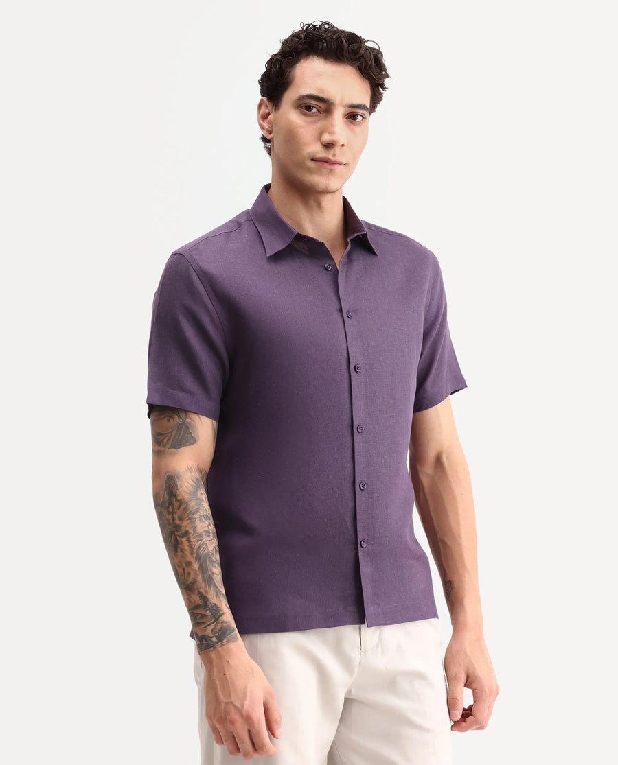 Rare Rabbit Men's Aerik Ss Dark Purple Linen Blend Fabric Half Sleeve Spread Collar Button Regular Plain Shirt