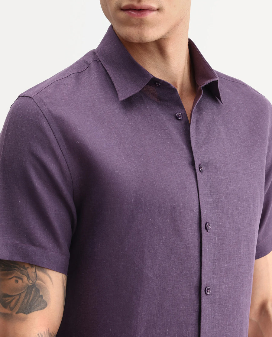 Rare Rabbit Men's Aerik Ss Dark Purple Linen Blend Fabric Half Sleeve Spread Collar Button Regular Plain Shirt