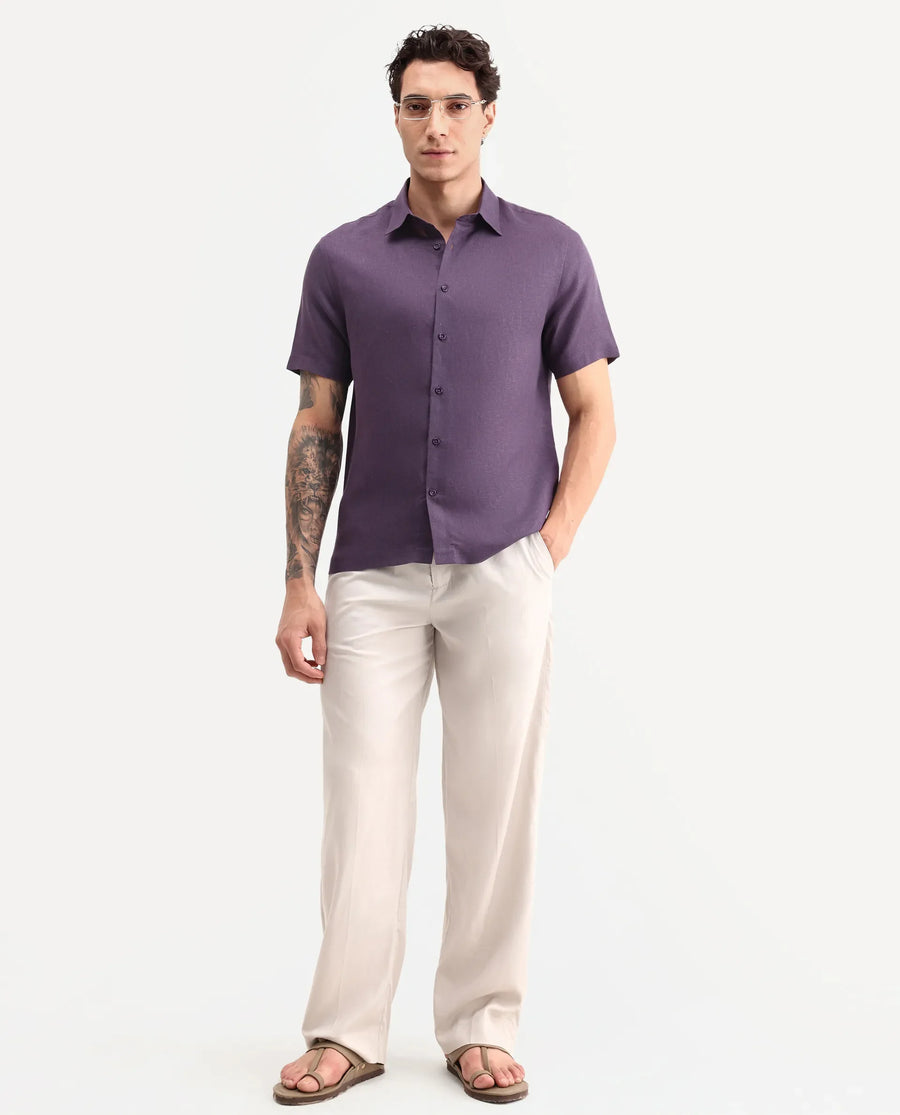 Rare Rabbit Men's Aerik Ss Dark Purple Linen Blend Fabric Half Sleeve Spread Collar Button Regular Plain Shirt
