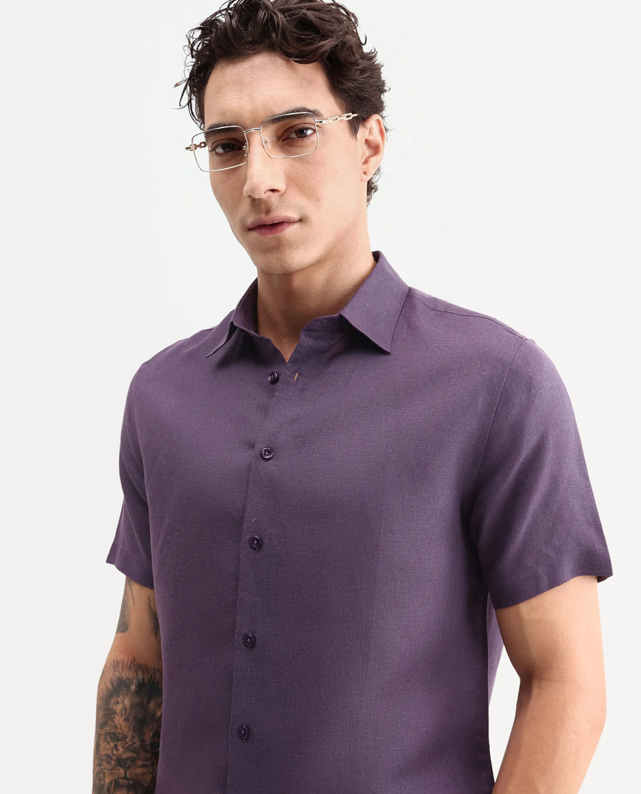 Rare Rabbit Men's Aerik Ss Dark Purple Linen Blend Fabric Half Sleeve Spread Collar Button Regular Plain Shirt