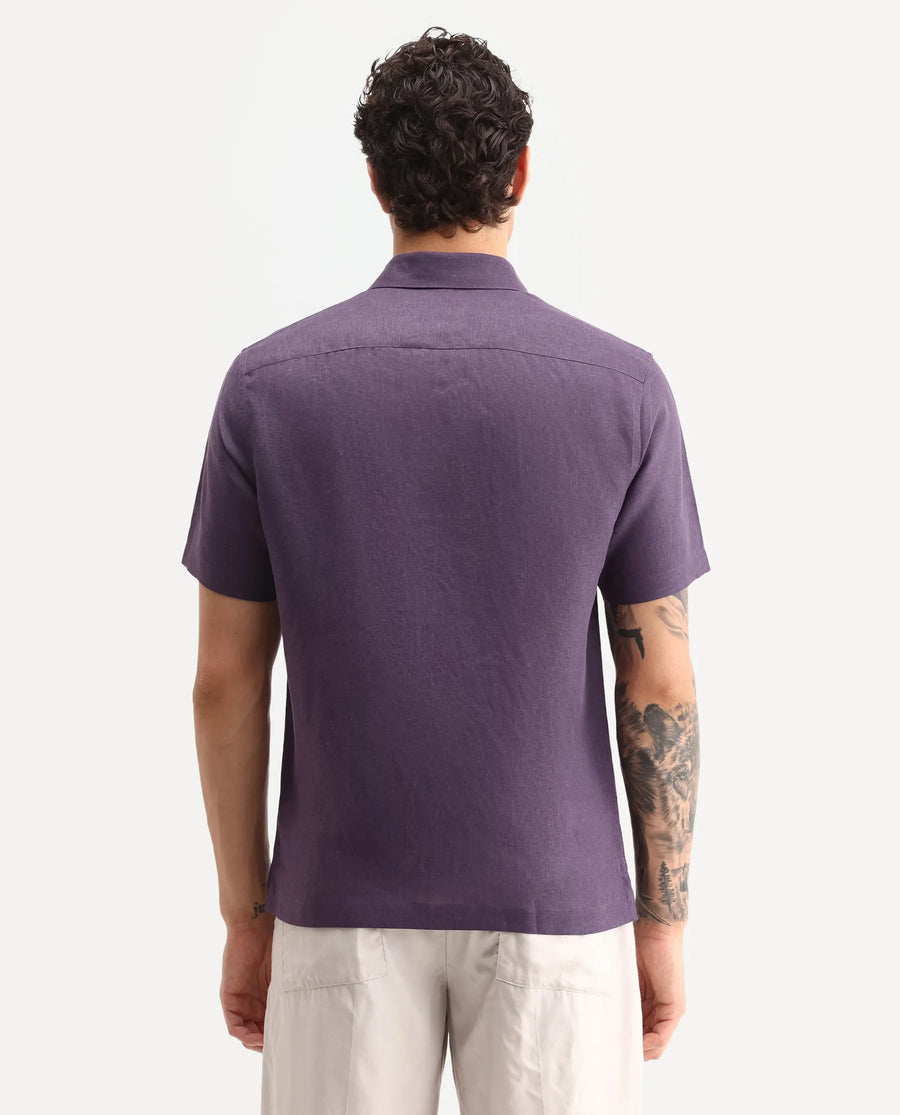 Rare Rabbit Men's Aerik Ss Dark Purple Linen Blend Fabric Half Sleeve Spread Collar Button Regular Plain Shirt