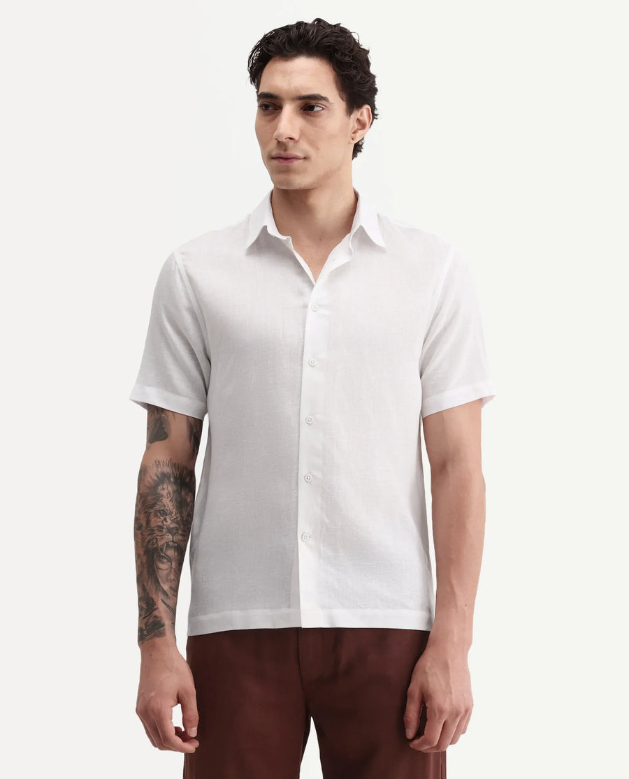 Rare Rabbit Men's Aerik Ss White Linen Blend Fabric Half Sleeve Spread Collar Button Regular Plain Shirt