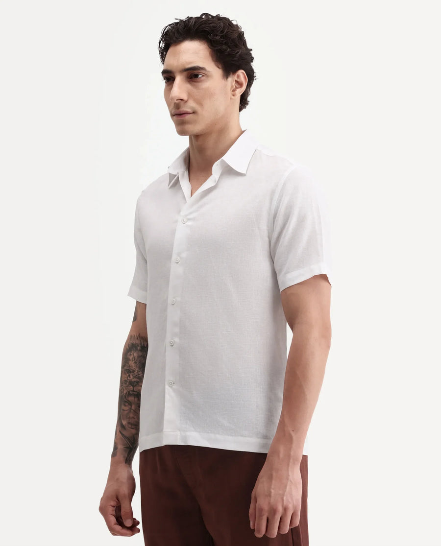 Rare Rabbit Men's Aerik Ss White Linen Blend Fabric Half Sleeve Spread Collar Button Regular Plain Shirt
