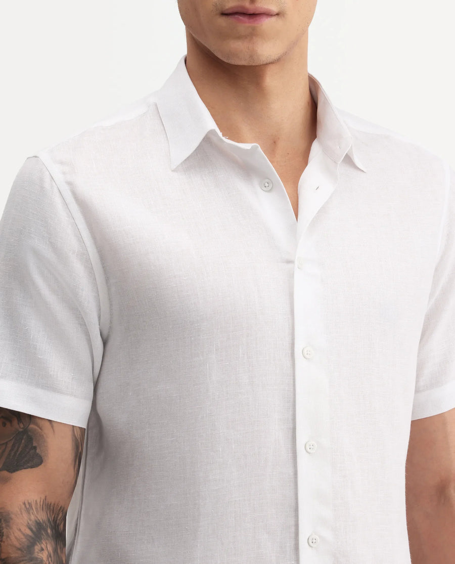 Rare Rabbit Men's Aerik Ss White Linen Blend Fabric Half Sleeve Spread Collar Button Regular Plain Shirt