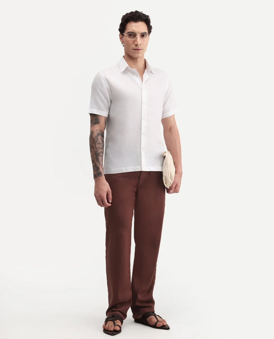 Rare Rabbit Men's Aerik Ss White Linen Blend Fabric Half Sleeve Spread Collar Button Regular Plain Shirt