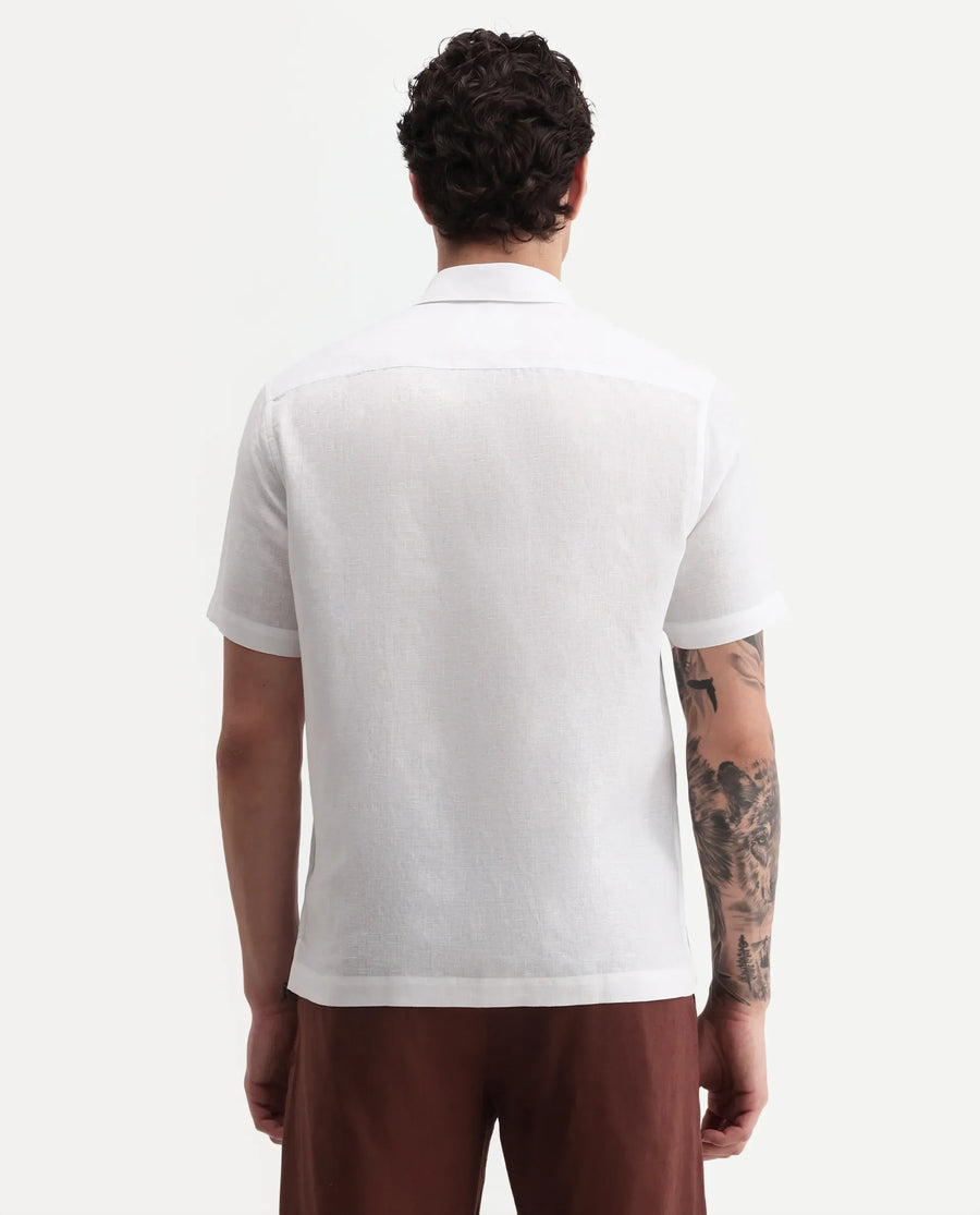 Rare Rabbit Men's Aerik Ss White Linen Blend Fabric Half Sleeve Spread Collar Button Regular Plain Shirt