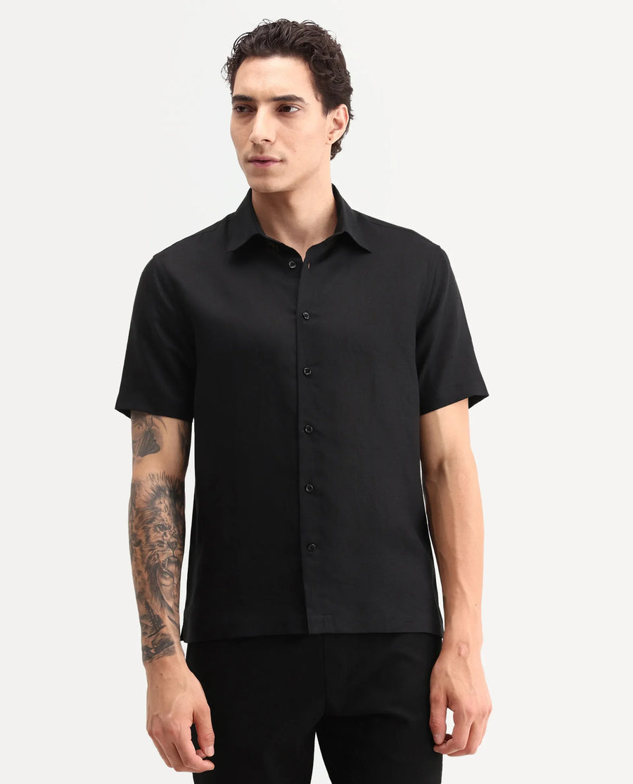 Rare Rabbit Men's Aerik Ss Black Linen Blend Fabric Half Sleeve Spread Collar Button Regular Plain Shirt