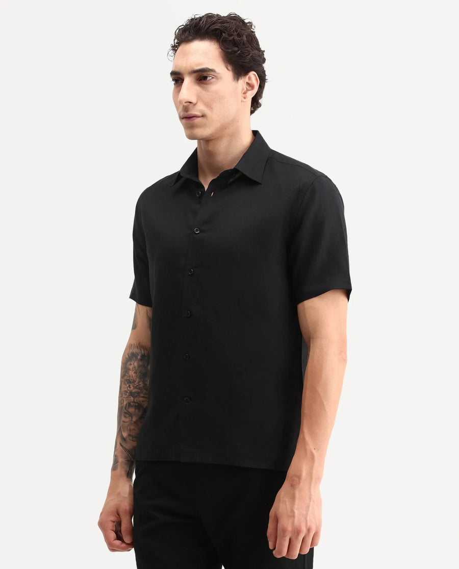 Rare Rabbit Men's Aerik Ss Black Linen Blend Fabric Half Sleeve Spread Collar Button Regular Plain Shirt