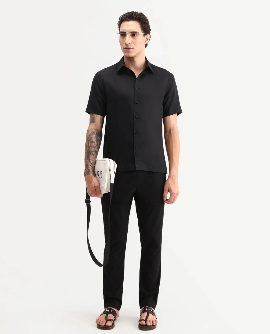 Rare Rabbit Men's Aerik Ss Black Linen Blend Fabric Half Sleeve Spread Collar Button Regular Plain Shirt