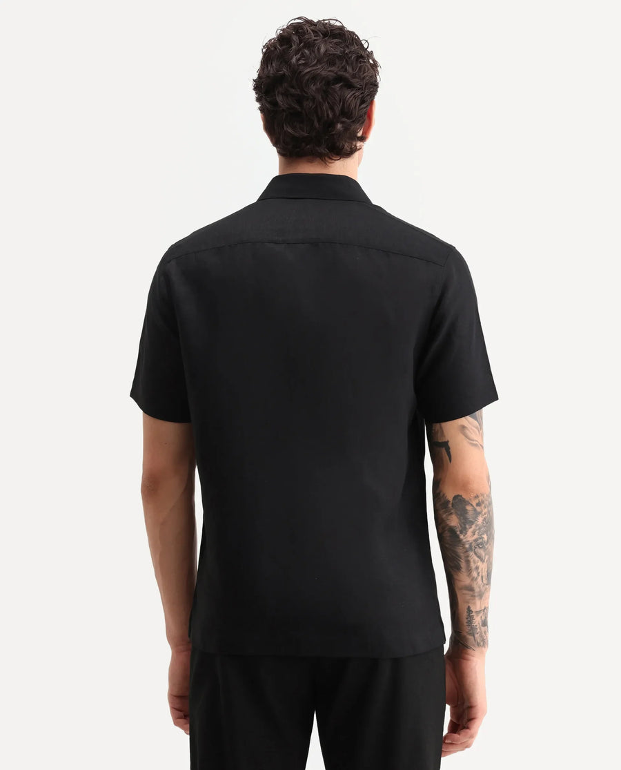 Rare Rabbit Men's Aerik Ss Black Linen Blend Fabric Half Sleeve Spread Collar Button Regular Plain Shirt