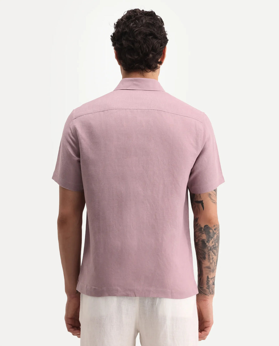 Rare Rabbit Men's Aerik Ss Dusky Pink Linen Blend Fabric Half Sleeve Spread Collar Button Regular Plain Shirt