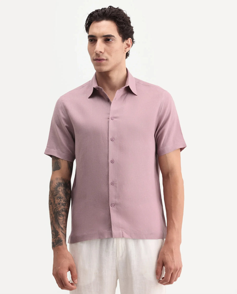 Rare Rabbit Men's Aerik Ss Dusky Pink Linen Blend Fabric Half Sleeve Spread Collar Button Regular Plain Shirt