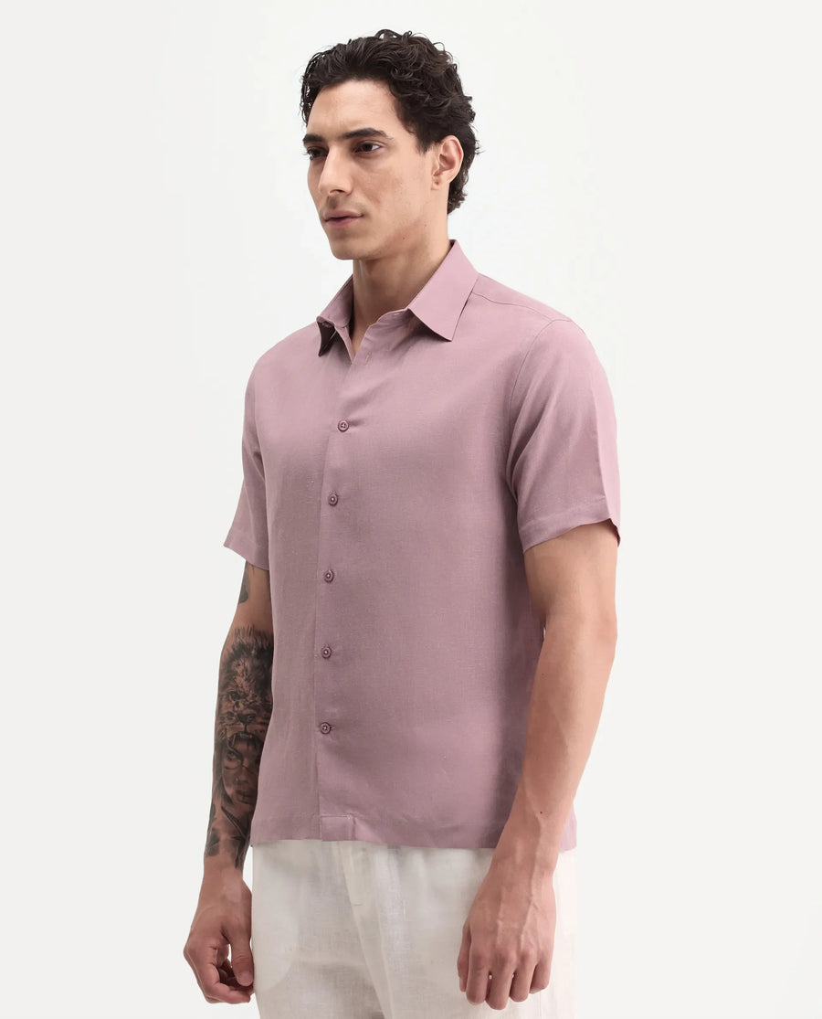 Rare Rabbit Men's Aerik Ss Dusky Pink Linen Blend Fabric Half Sleeve Spread Collar Button Regular Plain Shirt